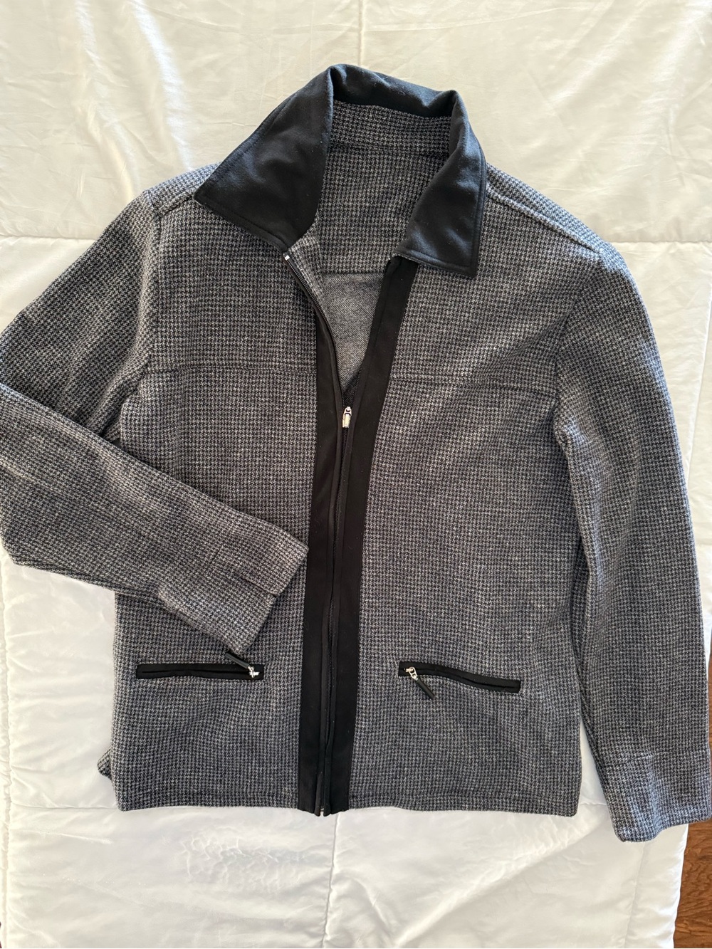 Women Grey Zip-Front Knit Sweater with Black Trim
